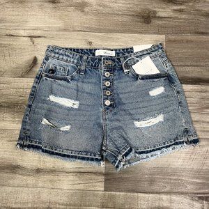 Kancan High Rise Button Fly Distressed Denim Shorts Blue NWT Women’s Size M